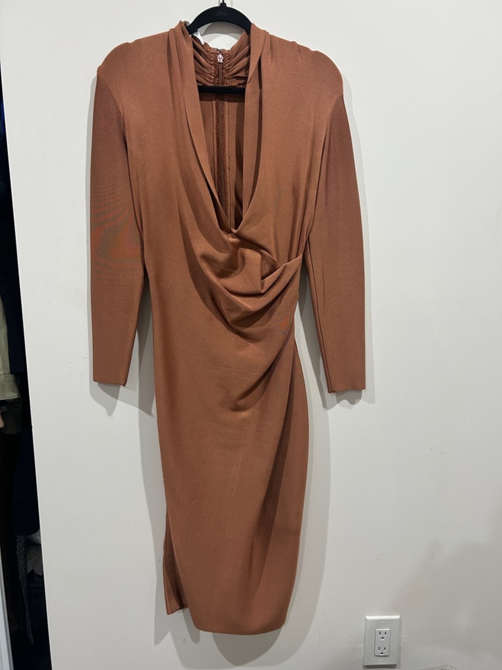 House of CB London Rust Brown Draped Long-Sleeve Midi Dress
